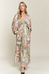 ADORA Printed V-Neck Batwing Sleeve Dress OutfitFlow